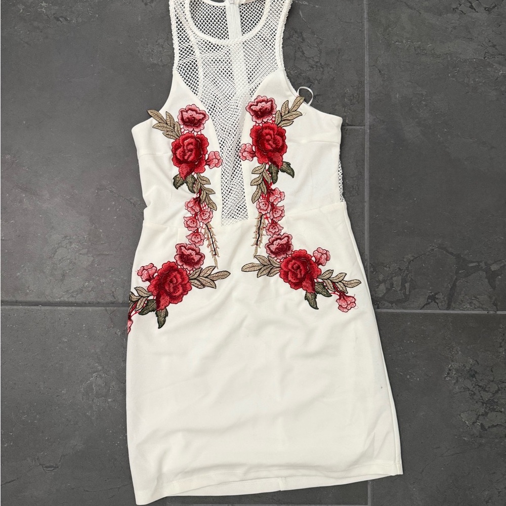 Elegant White Dress with Red Floral Embroidery
